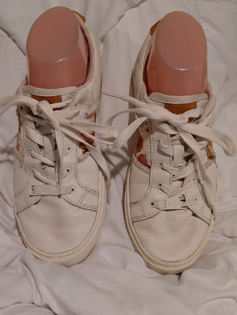 UGG White Leather Sneakers with Brown Leopard Accent
